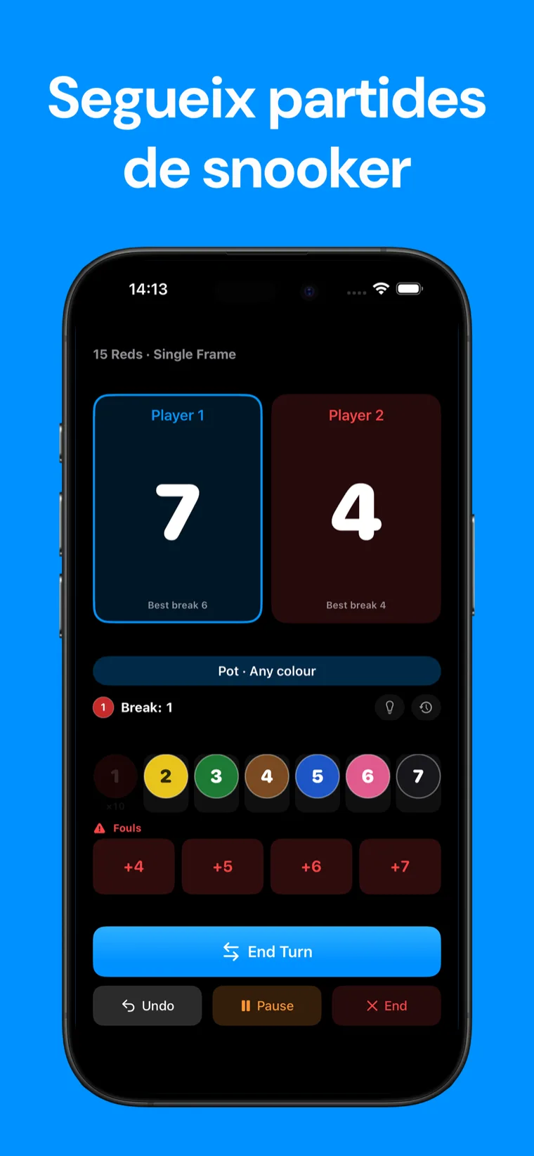 Segueix partides de snooker — Snooker Marcador a l'iPhone que mostra una partida de snooker en directe amb controls de puntuació de boles i puntuacions dels jugadors