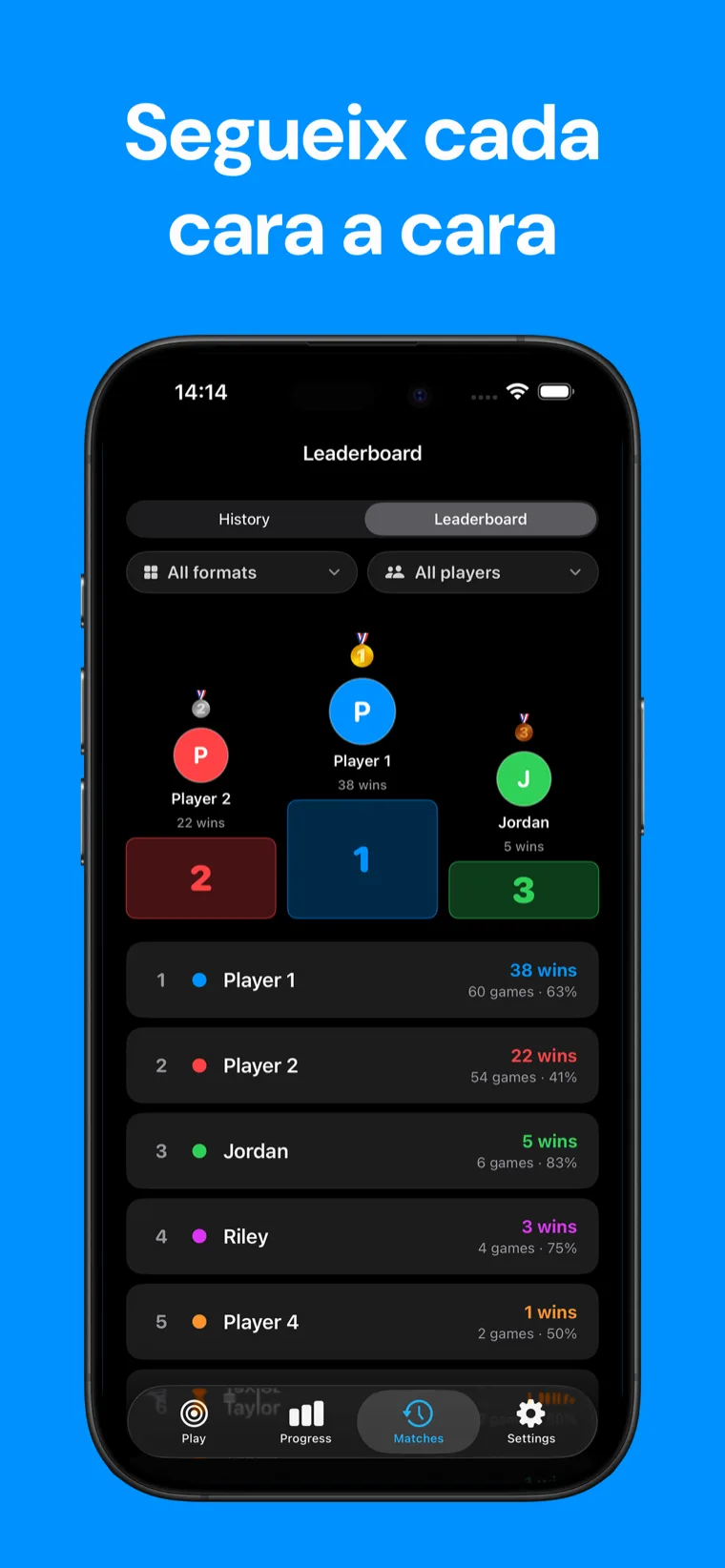 Segueix cada cara a cara — Historial de partides i estadístiques de jugadors de Snooker Marcador a l'iPhone