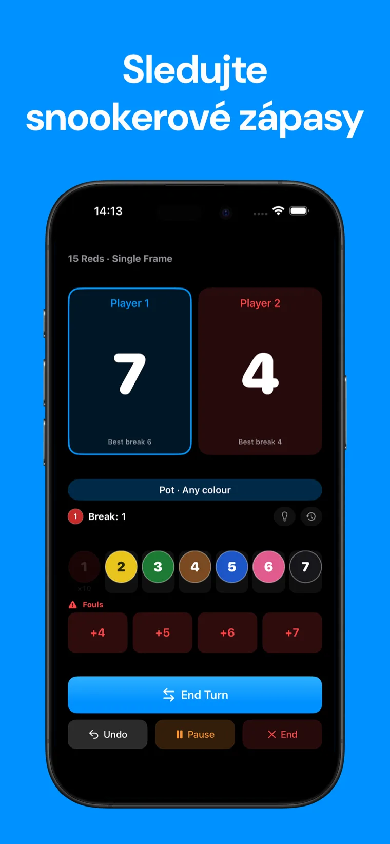 Sledujte snookerové zápasy — Snooker Ukazatel skóre na iPhonu zobrazující živý snookerový frame s ovládacími prvky pro počítání koulí a skóre hráčů