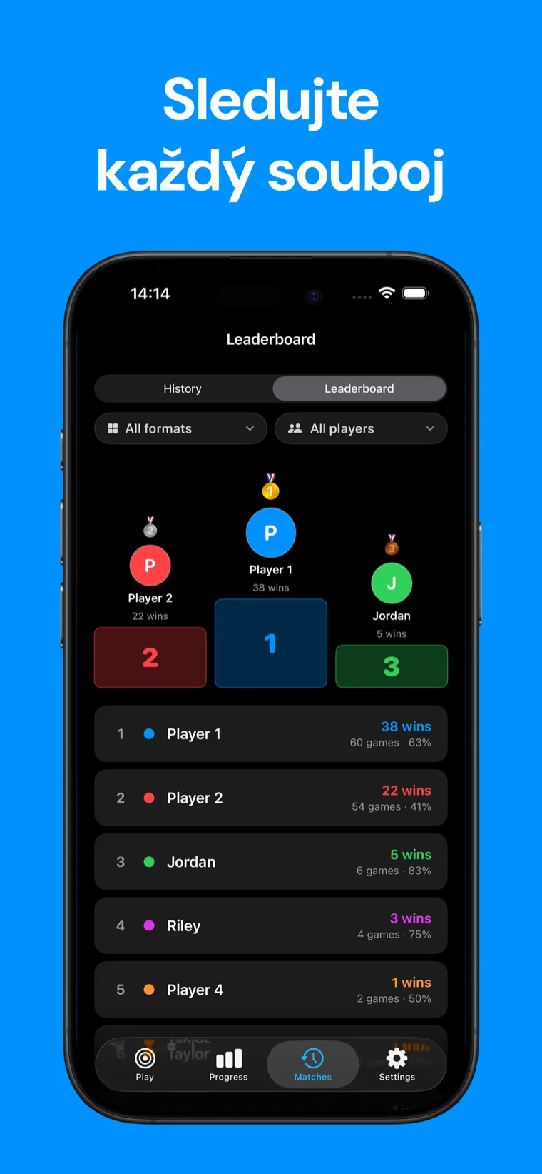Sledujte každý souboj — Obrazovka historie zápasů a statistik hráčů Snooker Ukazatel skóre na iPhonu