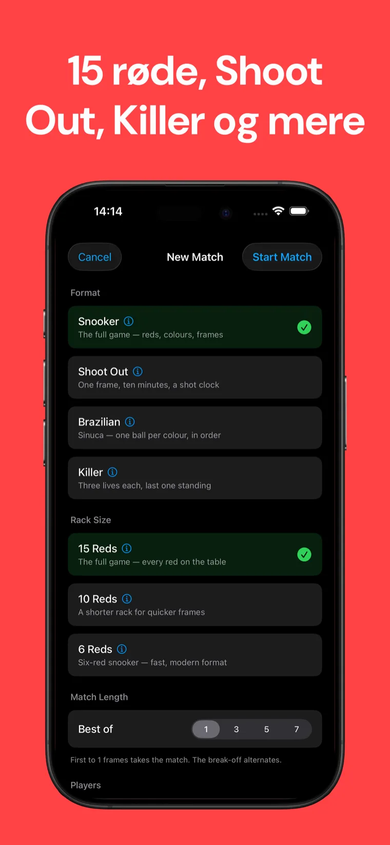 15 røde, Shoot Out, Killer og mere — Snooker Punktæller game setup skærm med standard snooker, Shoot Out, Brazilian og Killer formater