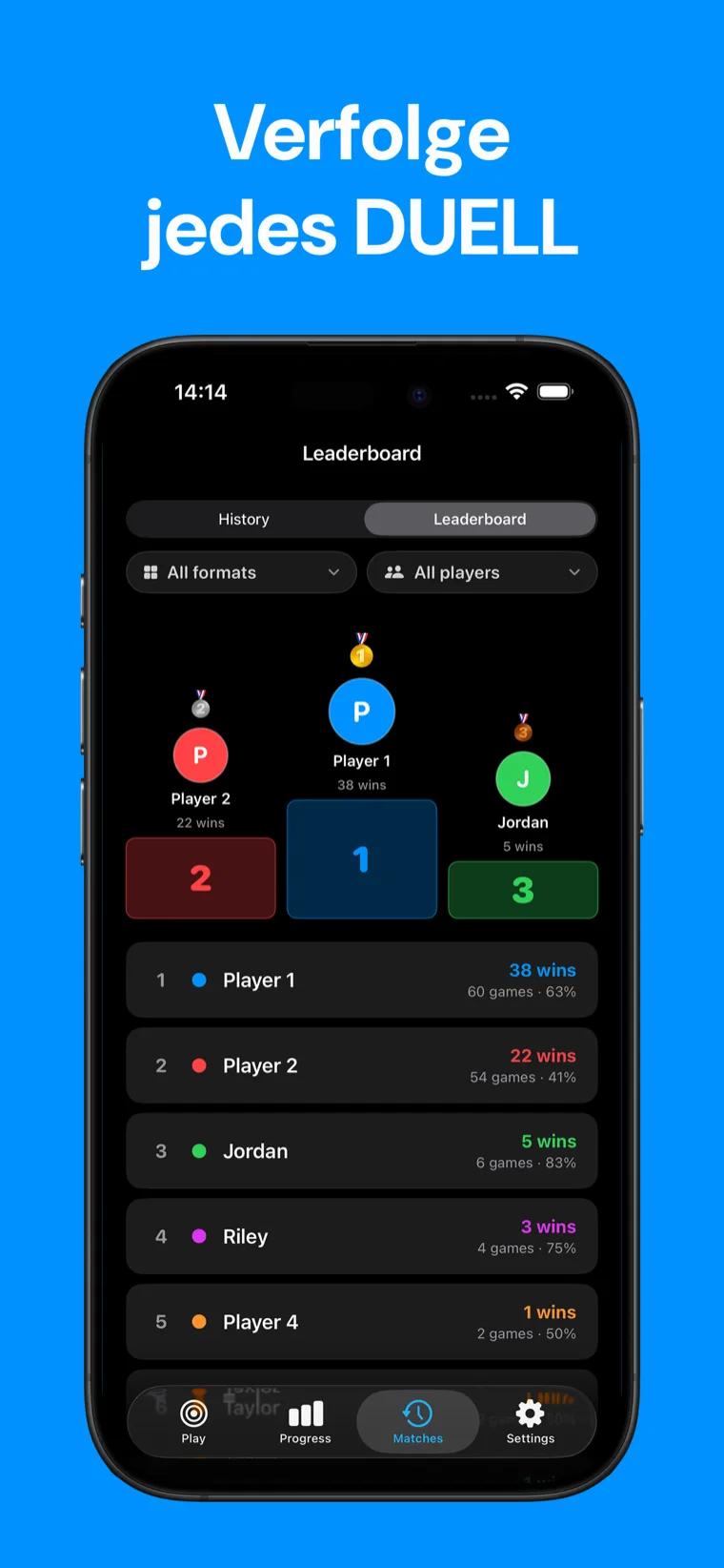 Verfolge jedes DUELL — Snooker Punktezähler Spielverlauf und Spielerstatistiken auf dem iPhone