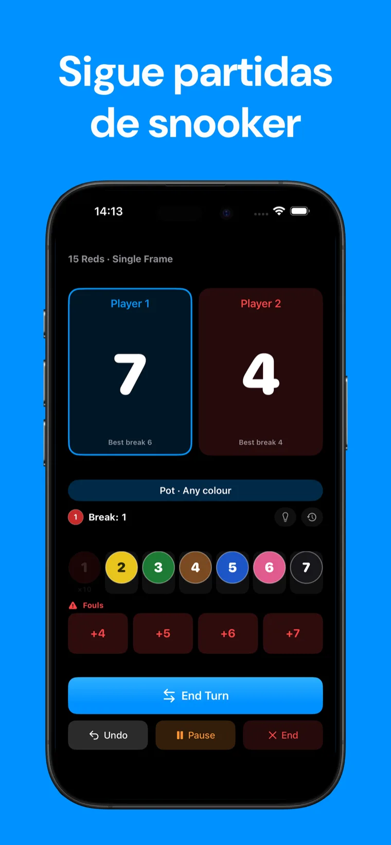 Sigue partidas de snooker — Snooker Marcador en iPhone mostrando un frame de snooker en vivo con controles de puntuación de bolas y puntuaciones de jugadores