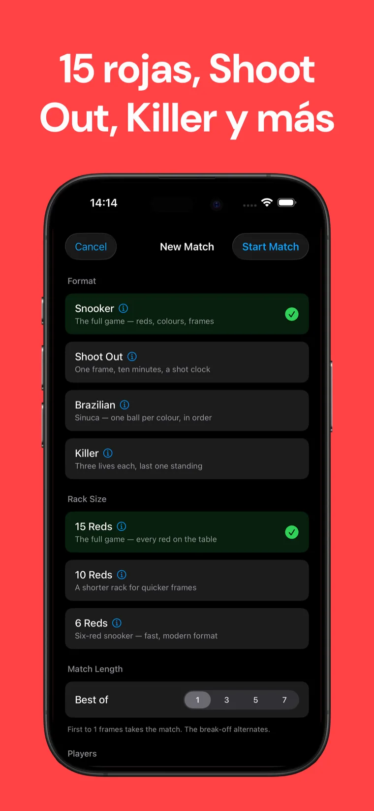 15 rojas, Shoot Out, Killer y más — Pantalla de configuración de partida de Snooker Marcador con modalidades snooker estándar, Shoot Out, Brasileño y Killer