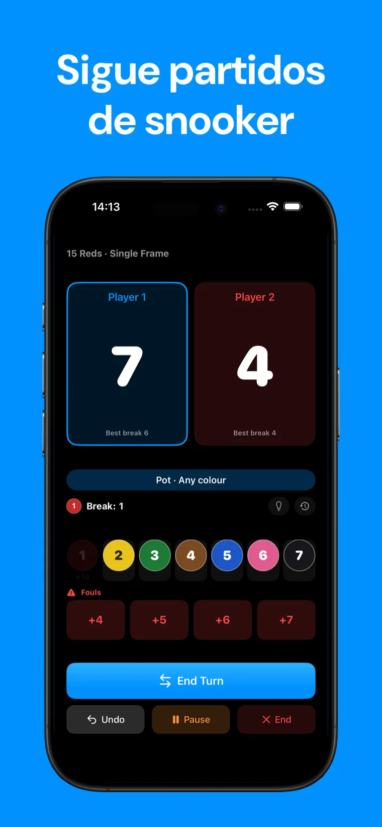 Sigue partidos de snooker — Snooker Marcador en iPhone mostrando un frame de snooker en vivo con controles de puntuación y puntuaciones de los jugadores