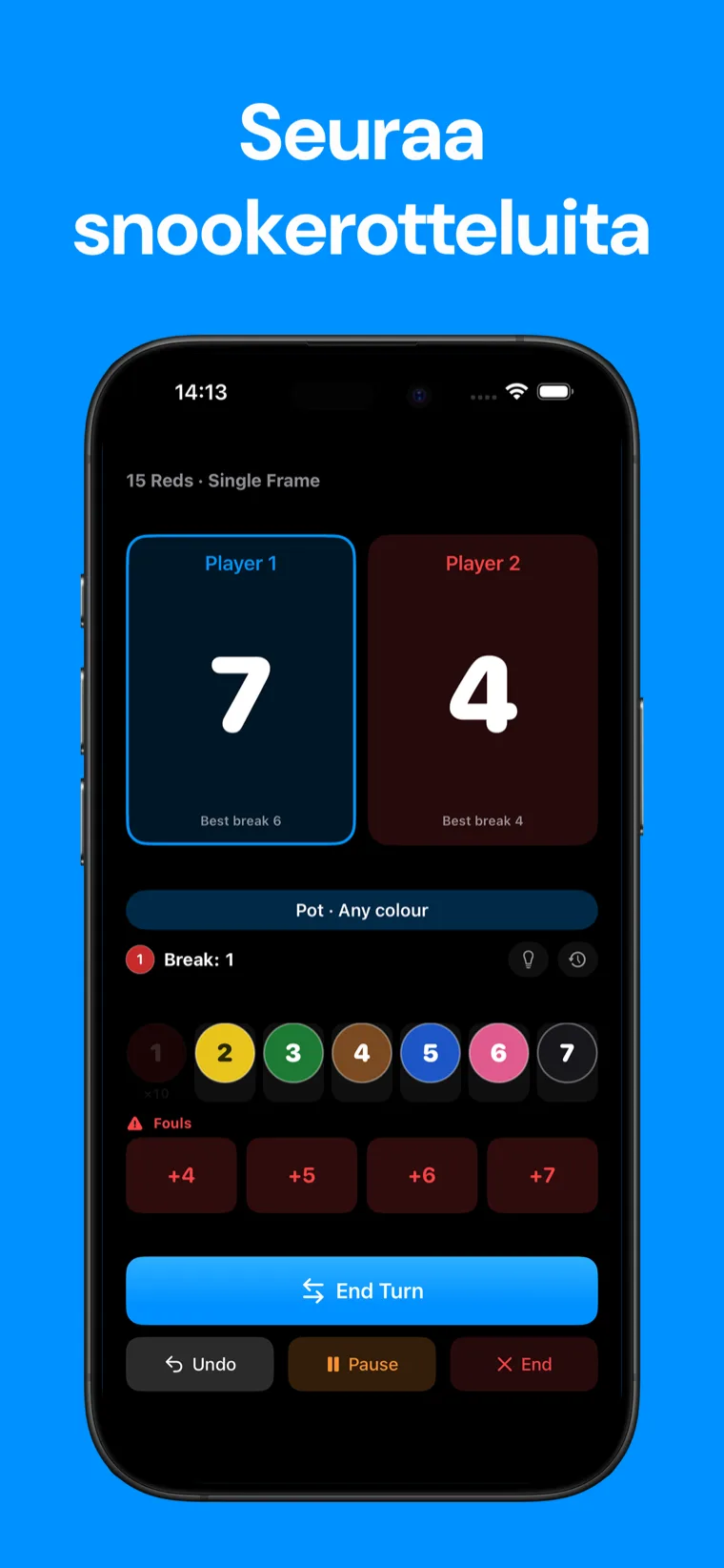 Seuraa snookerotteluita — Snooker PisteTaulu iPhonessa näyttää live snooker-erän pallojen pisteytyssäätimillä ja pelaajien pisteet