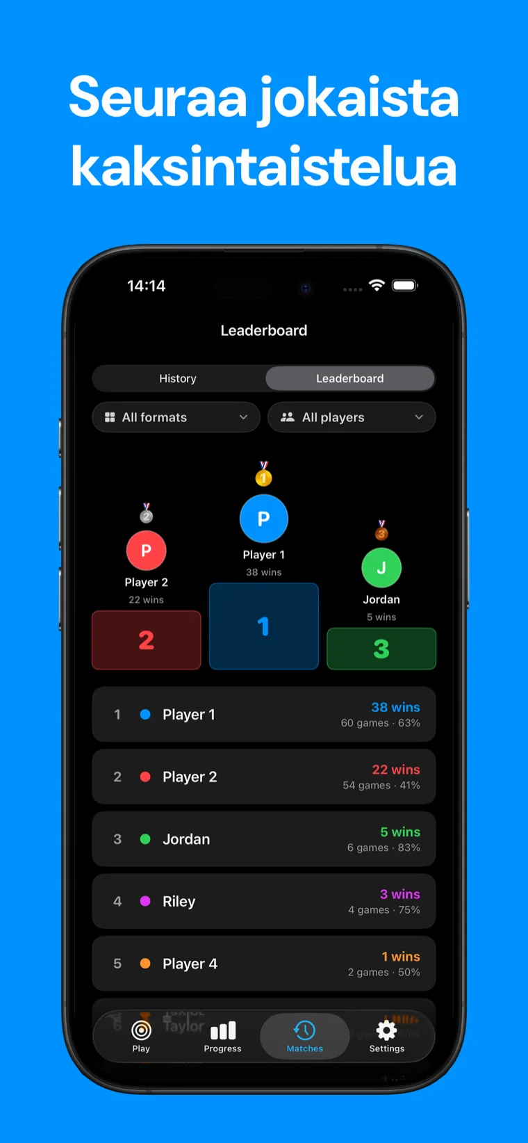 Seuraa jokaista kaksintaistelua — Snooker PisteTaulun otteluhistoria ja pelaajatilastot iPhonessa