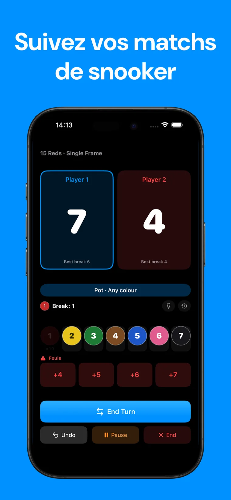 Suivez vos matchs de snooker — Snooker Scoreboard sur iPhone affichant une frame de snooker en direct avec les contrôles de score des billes et les scores des joueurs