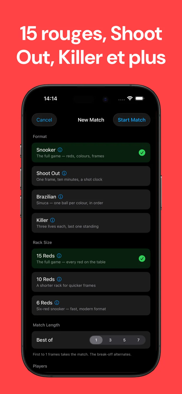 15 rouges, Shoot Out, Killer et plus — Écran de configuration du jeu Snooker Scoreboard avec les formats snooker standard, Shoot Out, brésilien et Killer