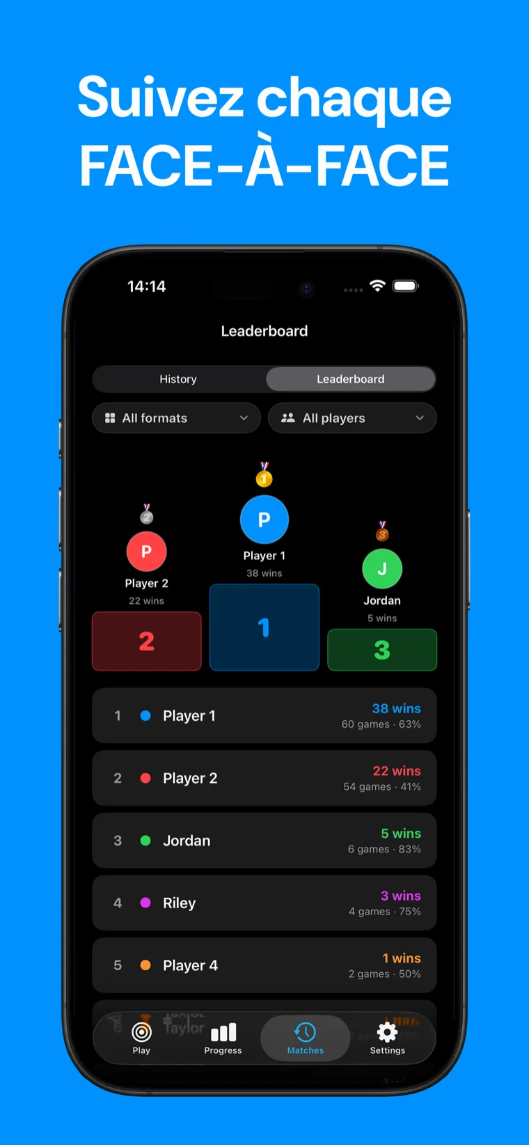 Suivez chaque FACE-À-FACE — Écran d'historique des matchs et de statistiques des joueurs de Snooker Scoreboard sur iPhone