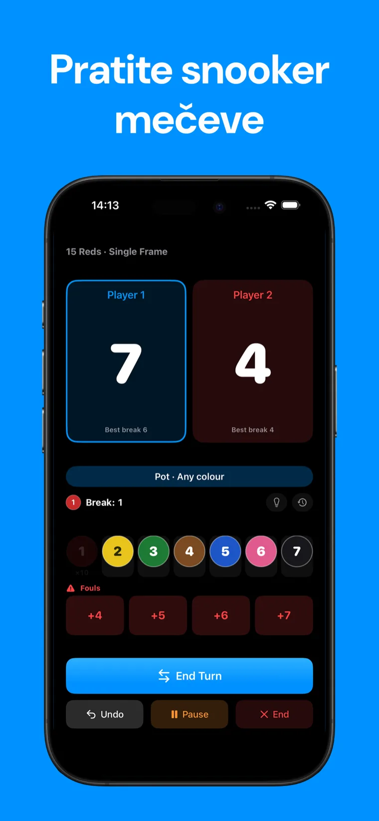Pratite snooker mečeve — Snooker Biljar na iPhoneu koji prikazuje živi snooker frejm s kontrolama za bodovanje lopti i rezultatima igrača