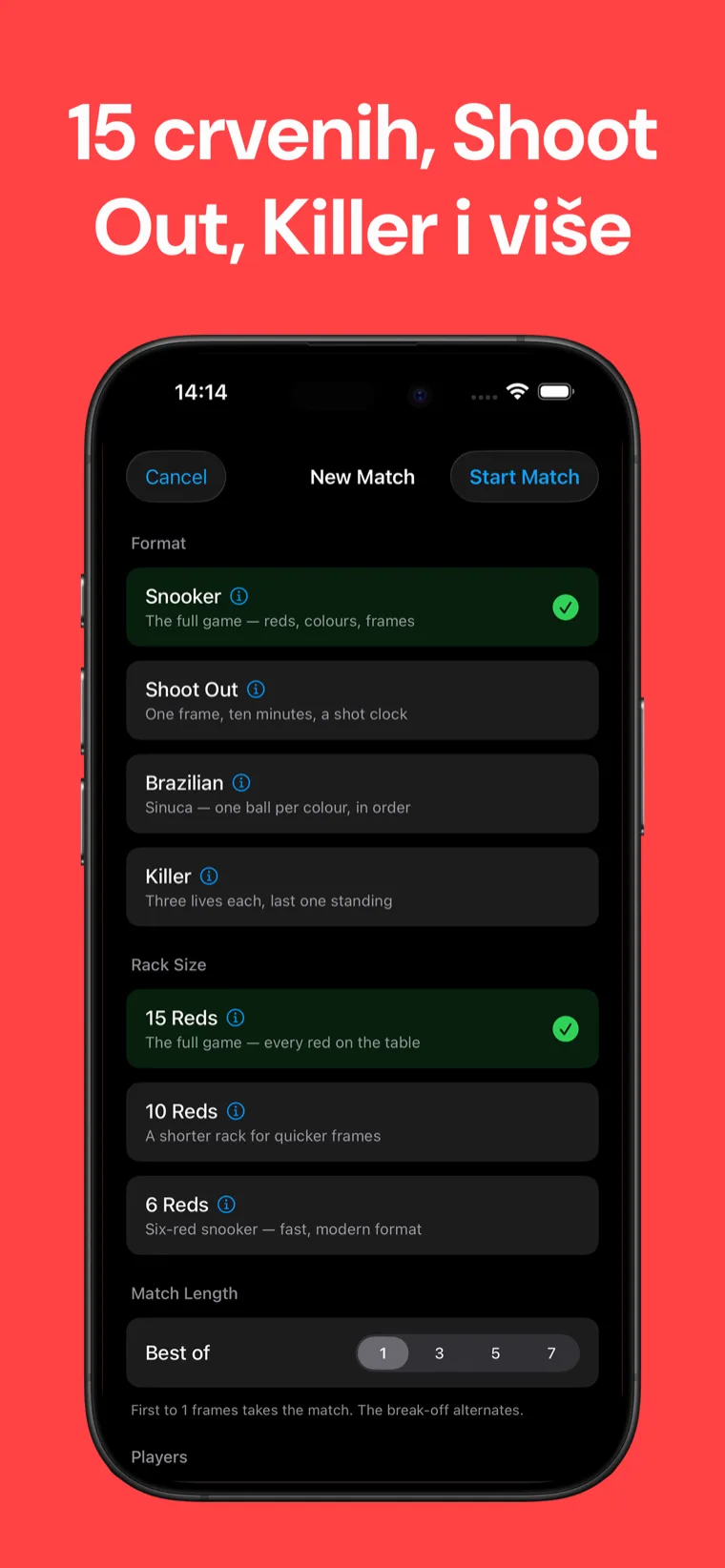 15 crvenih, Shoot Out, Killer i više — Snooker Biljar zaslon za postavljanje igre sa standardnim snookerom, Shoot Out, Brazilian i Killer formatima