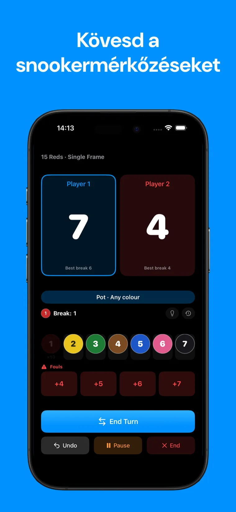 Kövesd a snookermérkőzéseket — Snooker Pontszámláló iPhone-on, élő snooker frame golyó pontozó vezérlőkkel és játékos pontszámokkal