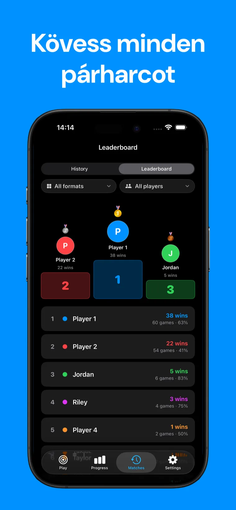 Kövess minden párharcot — Snooker Pontszámláló meccstörténet és játékosstatisztika képernyő iPhone-on