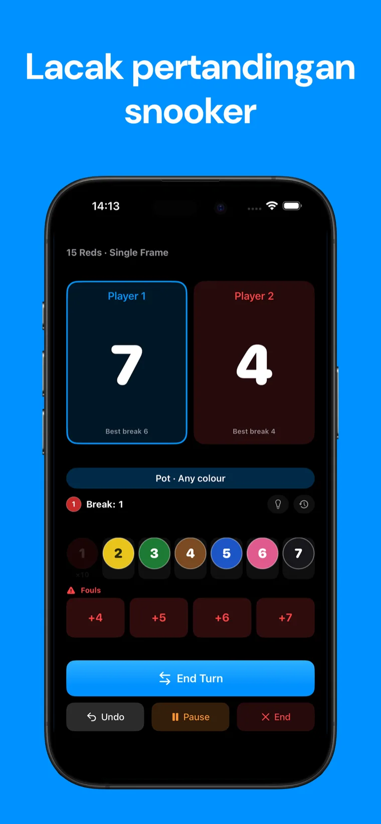 Lacak pertandingan snooker — Snooker Papan Skor di iPhone menampilkan frame snooker langsung dengan kontrol skor bola dan skor pemain