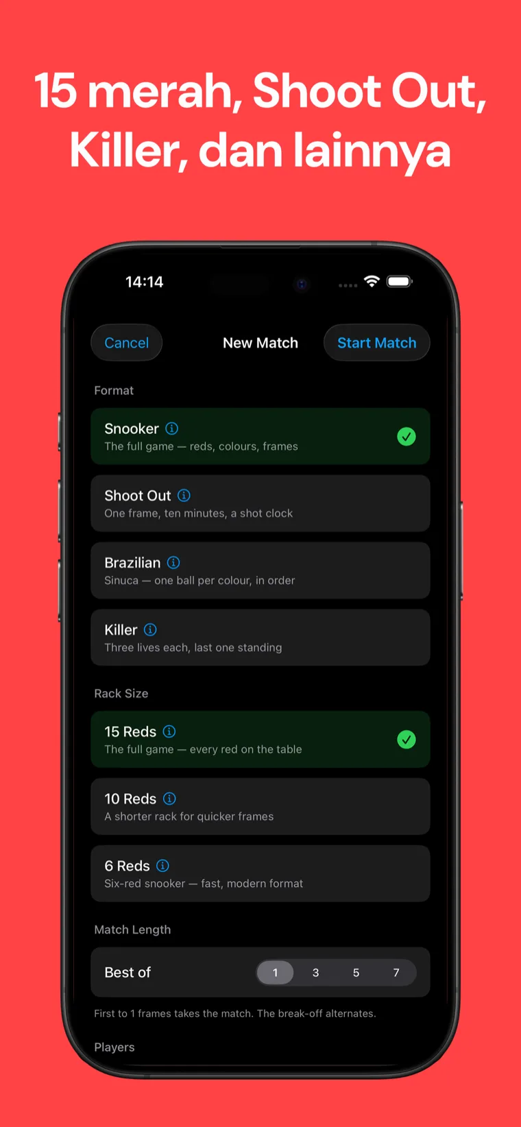 15 merah, Shoot Out, Killer, dan lainnya — Layar pengaturan permainan Snooker Papan Skor dengan format snooker standar, Shoot Out, Brazilian, dan Killer