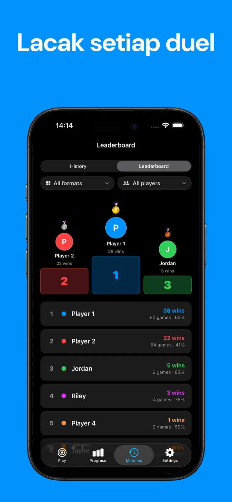Lacak setiap duel — Layar riwayat pertandingan dan statistik pemain Snooker Papan Skor di iPhone