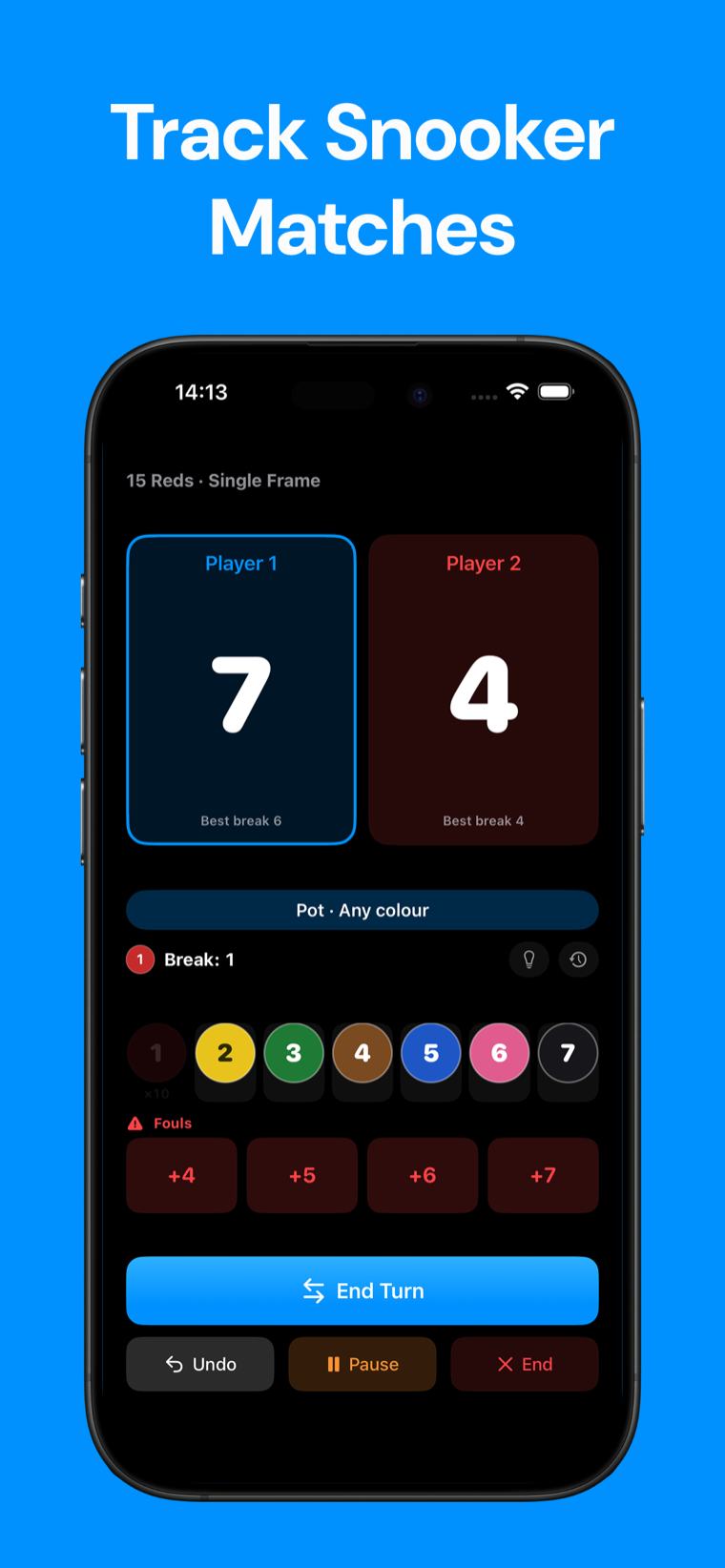 Snooker Scoreboard on iPhone showing a live snooker frame with ball scoring controls and player scores