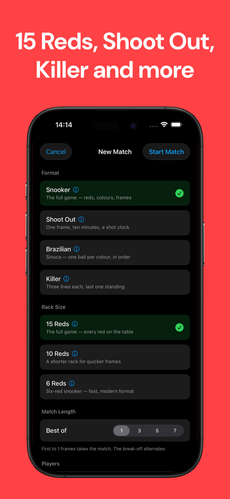 Snooker Scoreboard game setup screen with standard snooker, Shoot Out, Brazilian and Killer formats