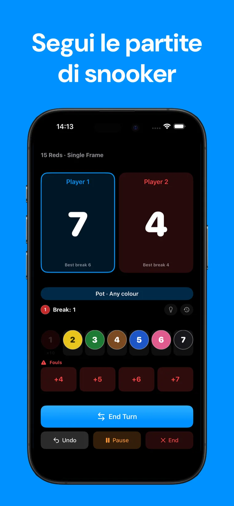 Segui le partite di snooker — Snooker Punteggio su iPhone che mostra un frame di snooker in diretta con controlli per segnare le palle e punteggi dei giocatori
