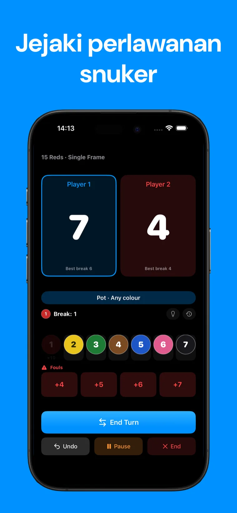 Jejaki perlawanan snuker — Snooker Papan Markah pada iPhone menunjukkan frame snooker langsung dengan kawalan pemarkahan bola dan skor pemain