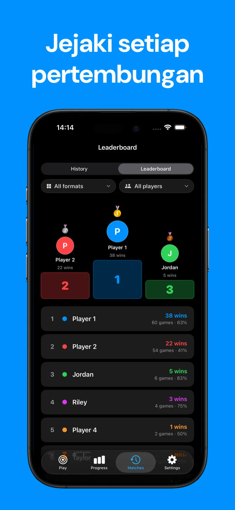 Jejaki setiap pertembungan — Skrin sejarah perlawanan dan statistik pemain Snooker Papan Markah pada iPhone