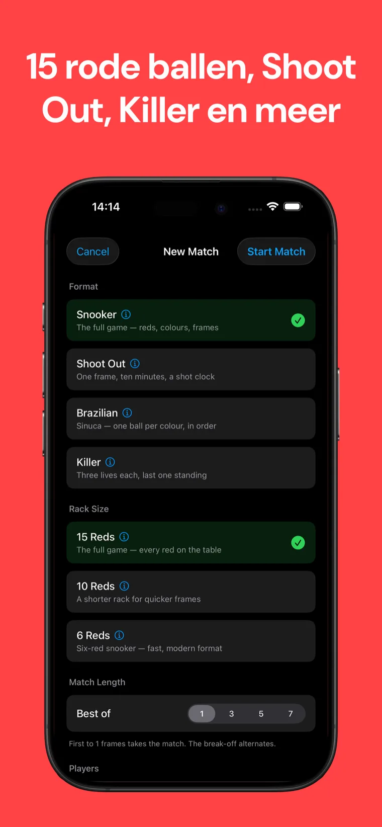 15 rode ballen, Shoot Out, Killer en meer — Instelscherm van Snooker Scorebord met standaard snooker, Shoot Out, Braziliaans en Killer formats