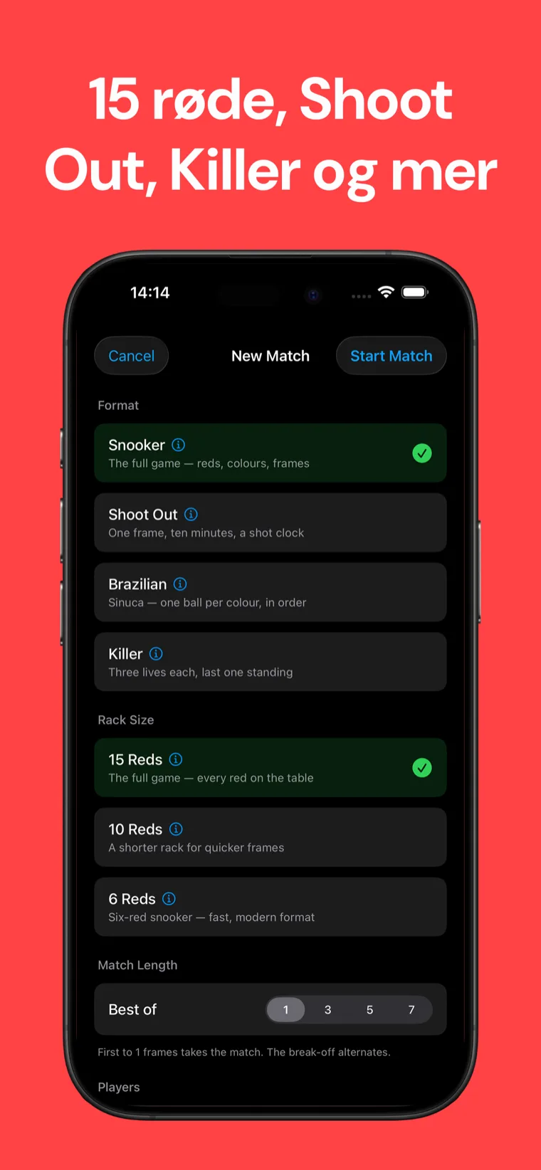 15 røde, Shoot Out, Killer og mer — Snooker Poengtavle oppsett-skjerm med standard snooker, Shoot Out, Brazilian og Killer-formater