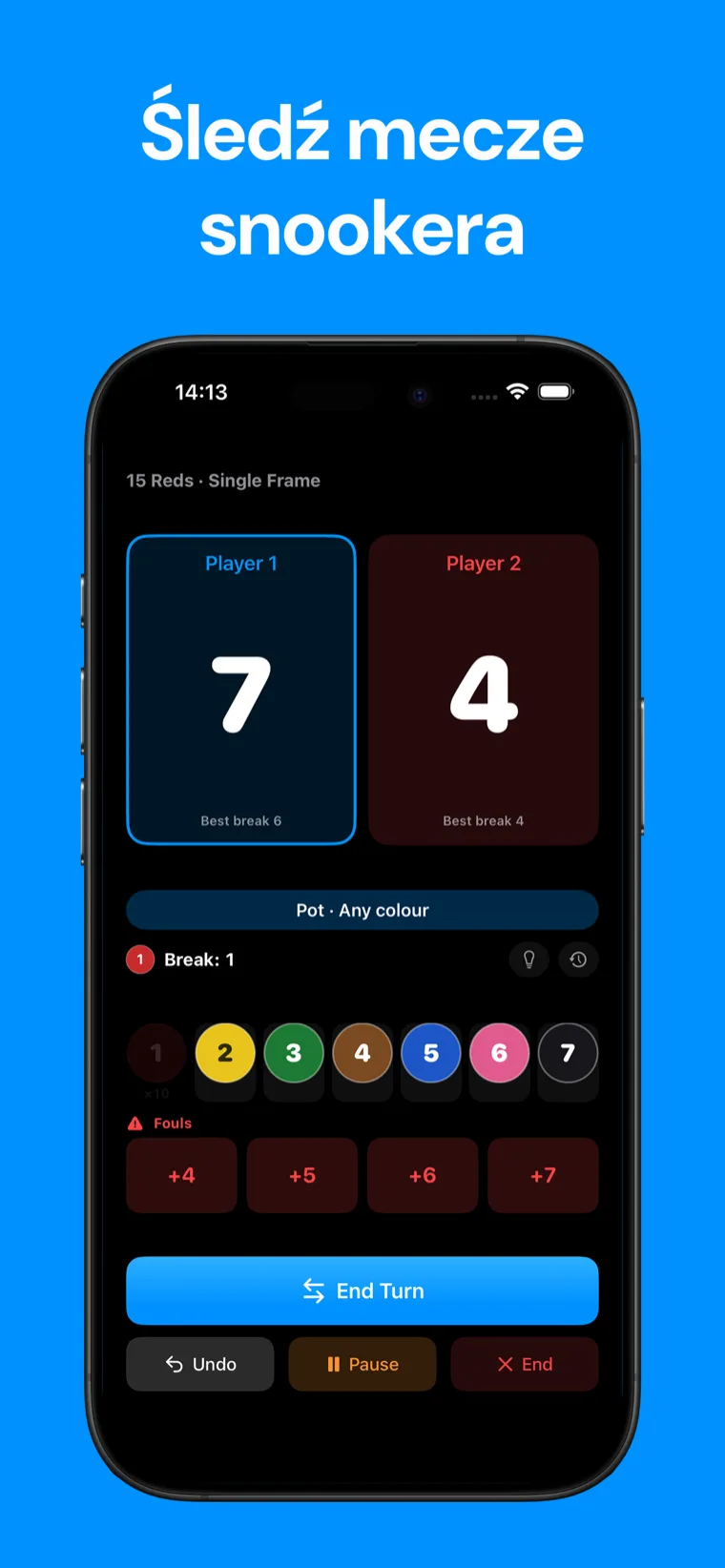 Śledź mecze snookera — Snooker Punkty na iPhone pokazujący trwający mecz snookera z kontrolkami do punktowania bil i wynikami graczy