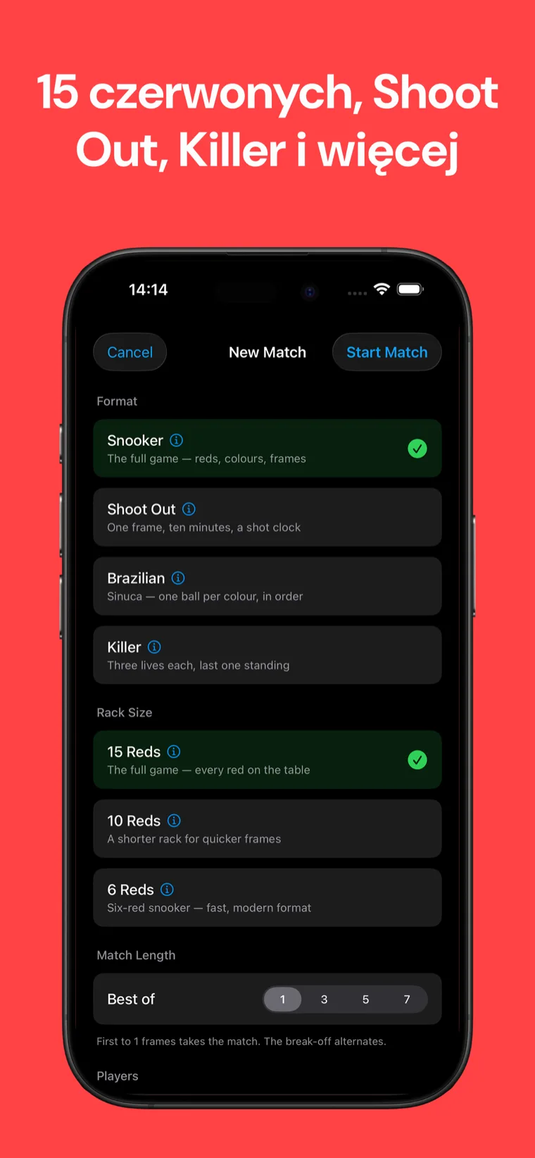 15 czerwonych, Shoot Out, Killer i więcej — Ekran konfiguracji gry Snooker Punkty z trybami standardowy snooker, Shoot Out, brazylijska sinuca i Killer