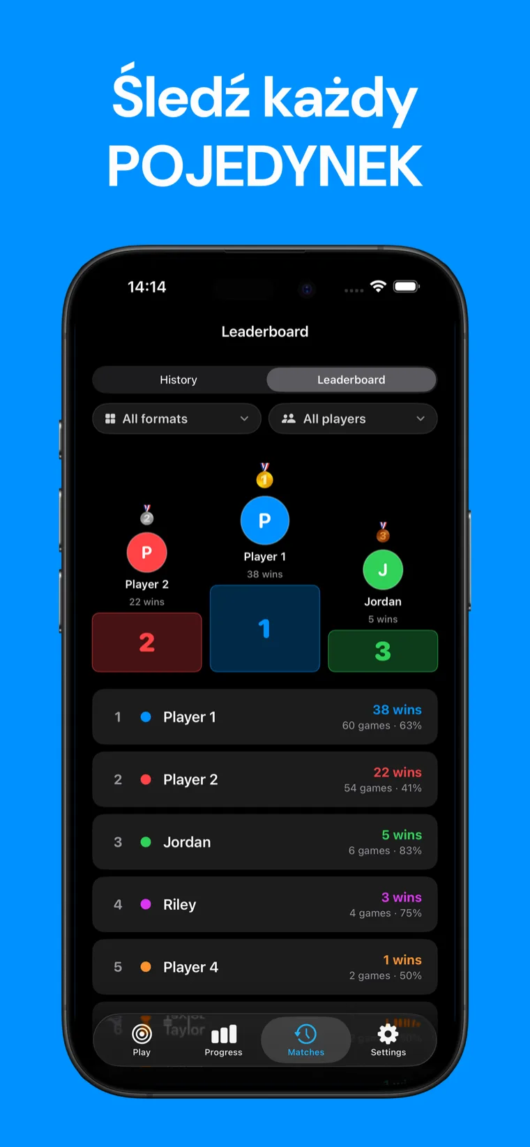 Śledź każdy POJEDYNEK — Ekran historii meczów i statystyk graczy Snooker Punkty na iPhone