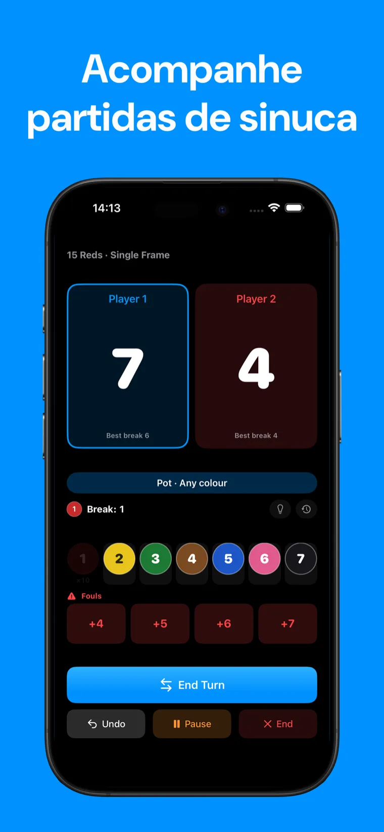 Acompanhe partidas de sinuca — Placar de Snooker no iPhone mostrando um frame de snooker ao vivo com controles de pontuação de bolas e pontuações dos jogadores