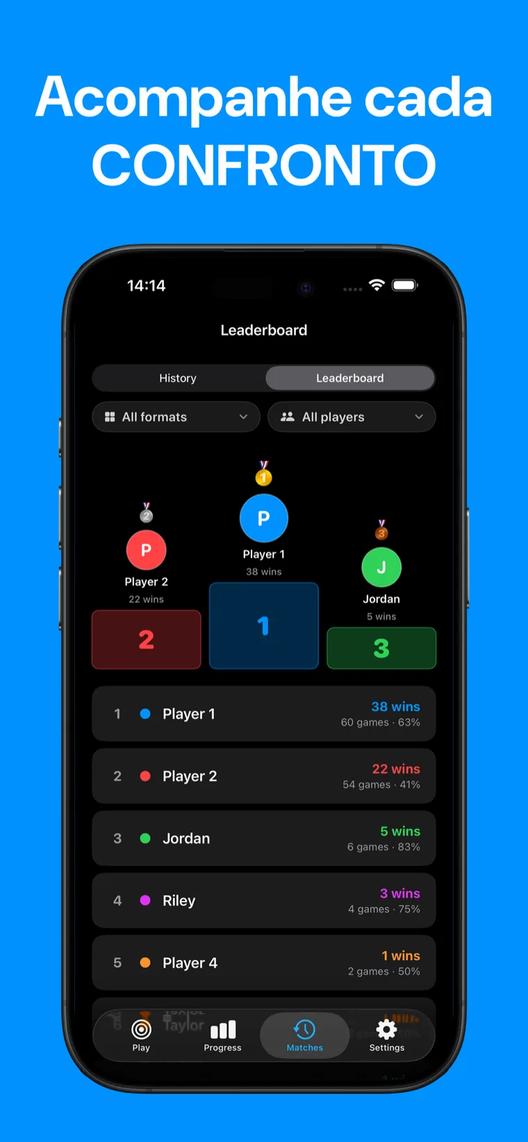 Acompanhe cada CONFRONTO — Tela de histórico de partidas e estatísticas de jogadores do Placar de Snooker no iPhone