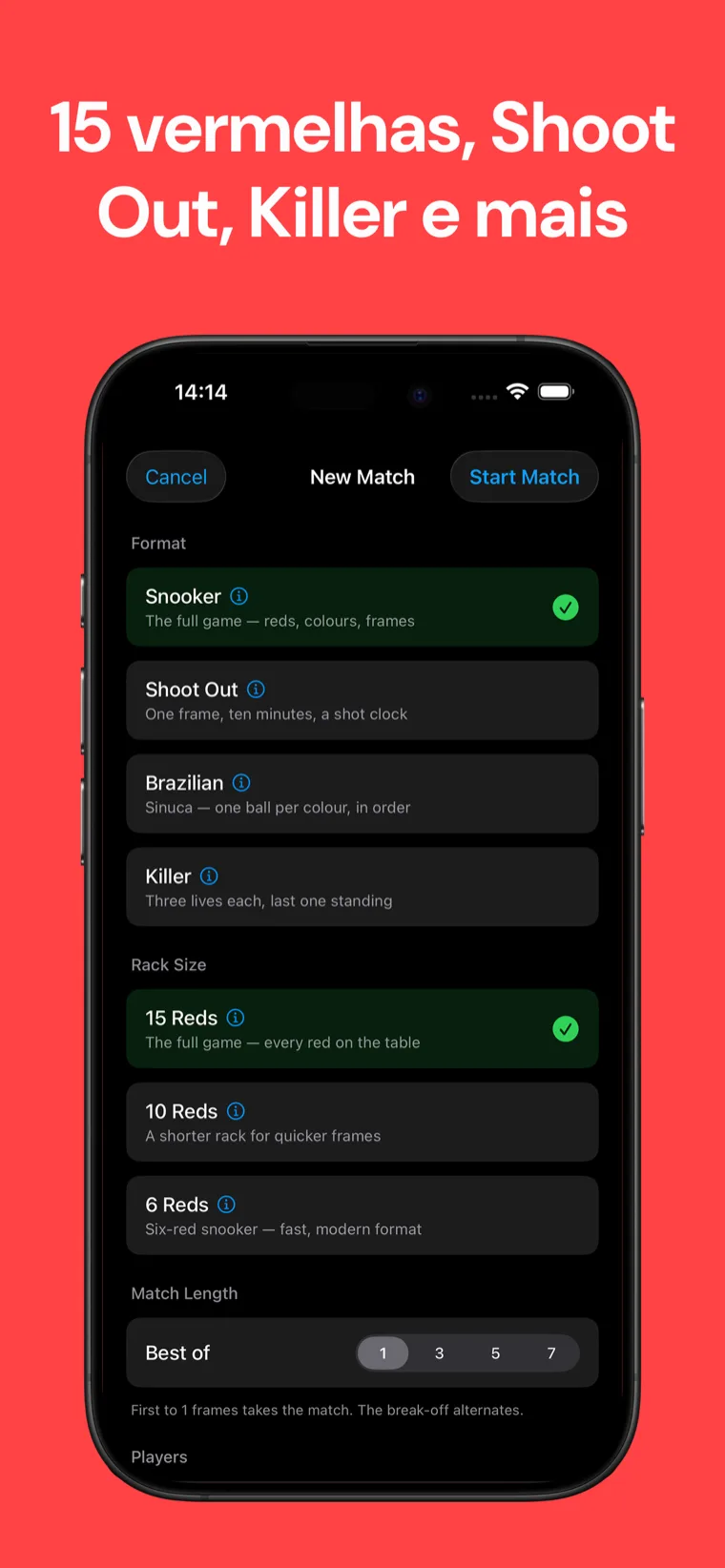 15 vermelhas, Shoot Out, Killer e mais — Ecrã de configuração do jogo no Snooker Marcador com formatos Snooker padrão, Shoot Out, Sinuca e Killer