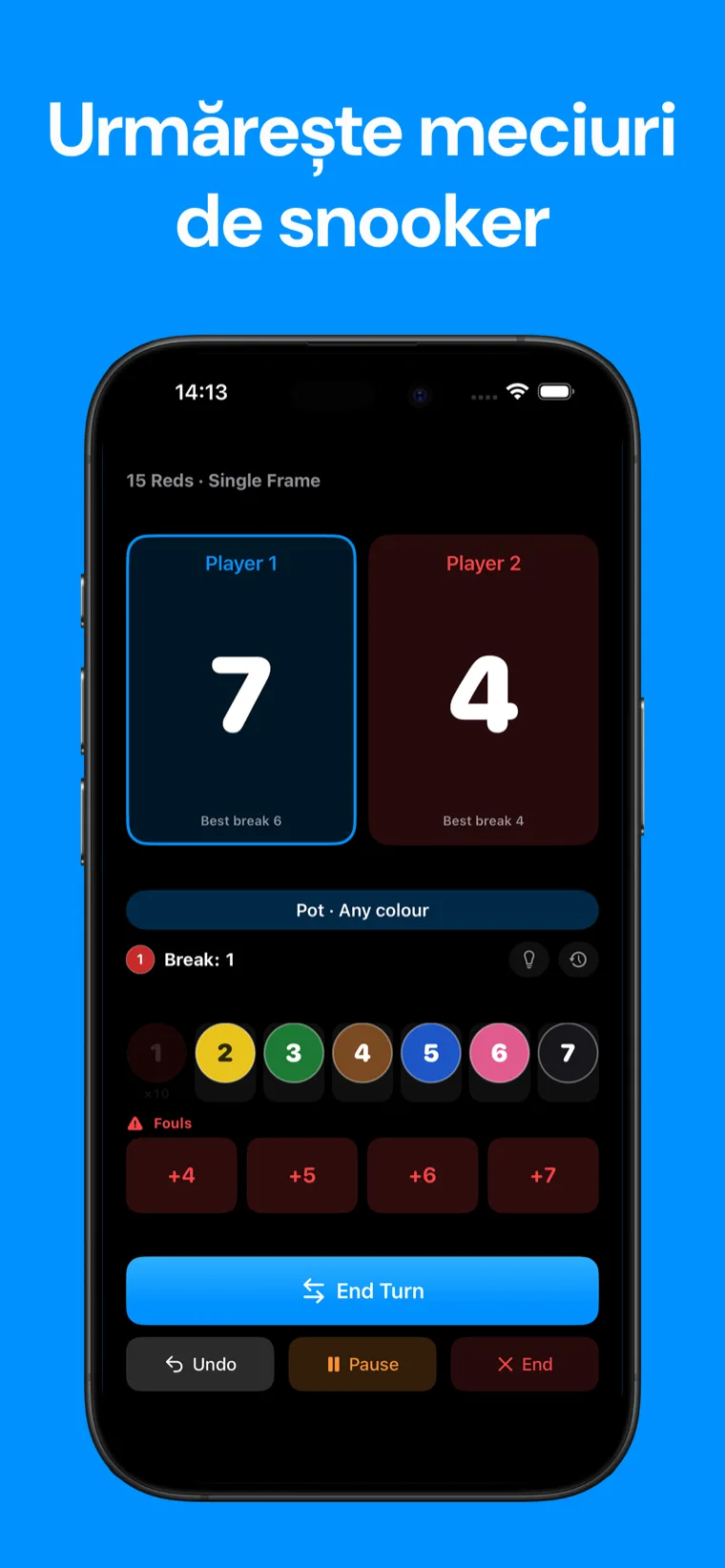 Urmărește meciuri de snooker — Snooker Punctaj pe iPhone arătând un frame de snooker live cu controale de scor și scoruri ale jucătorilor
