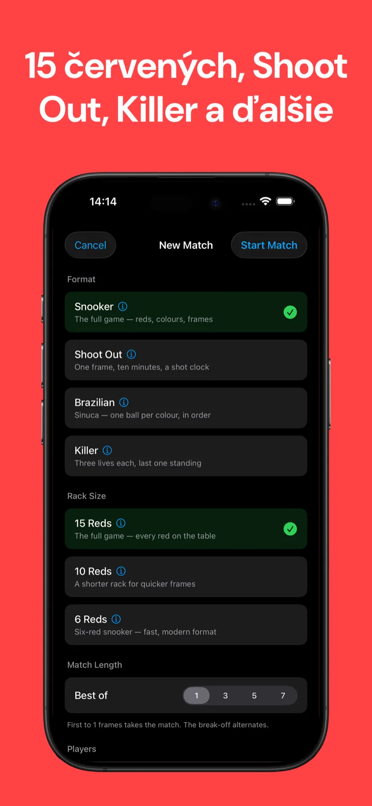 15 červených, Shoot Out, Killer a ďalšie — Snooker Tabuľa obrazovka nastavenia hry so štandardným snookerom, Shoot Out, brazílskou sinukou a Killerom