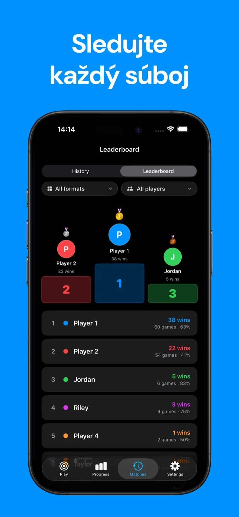 Sledujte každý súboj — Snooker Tabuľa obrazovka histórie zápasov a štatistík hráčov na iPhone