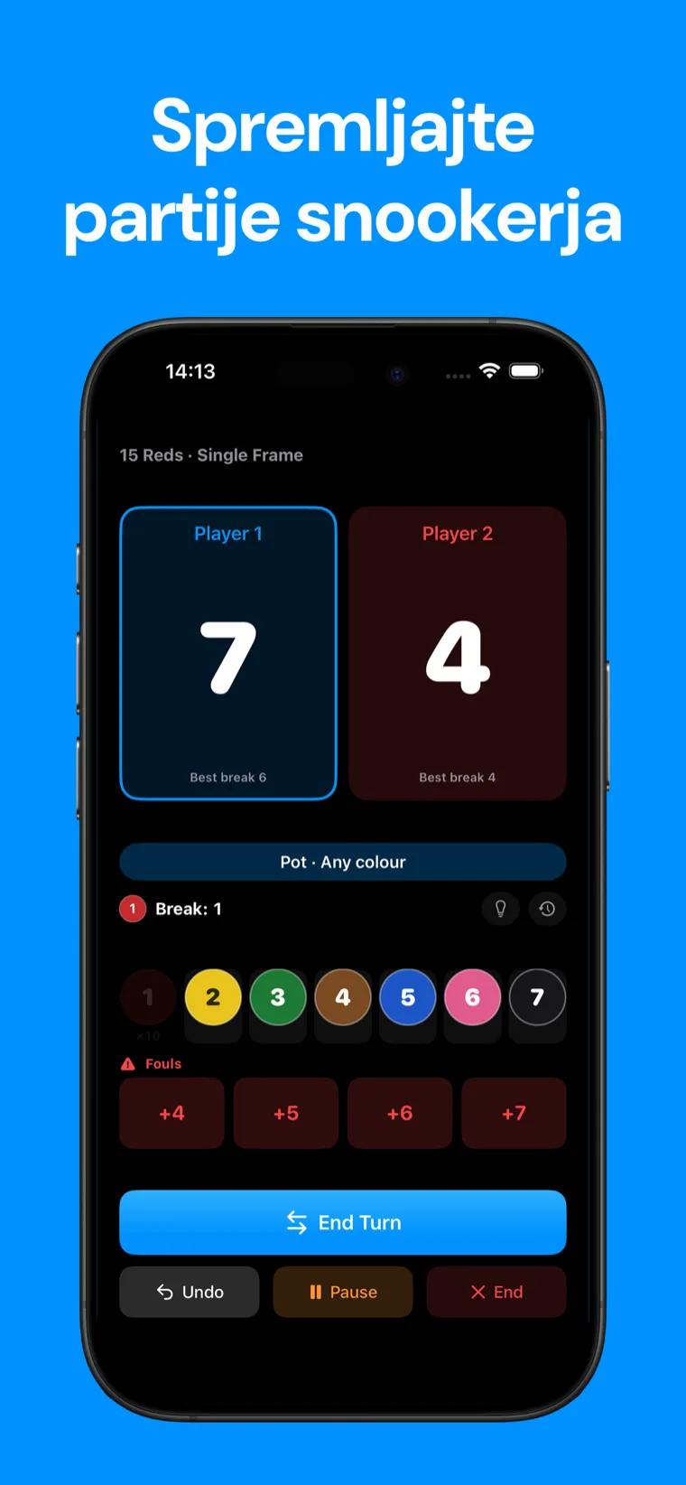 Spremljajte partije snookerja — Snooker Semafor na iPhoneu prikazuje živo snooker igro s kontrolami za točkovanje žog in rezultati igralcev