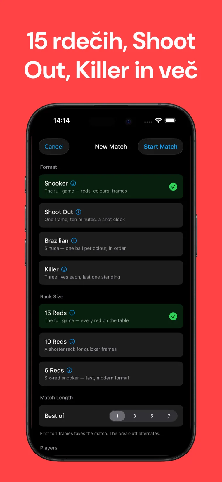 15 rdečih, Shoot Out, Killer in več — Zaslon za nastavitev igre Snooker Semafor z disciplinami standardni snooker, Shoot Out, brazilska sinuca in Killer