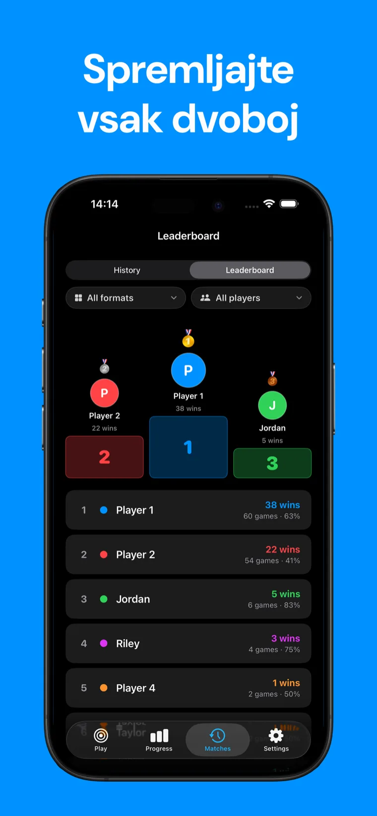 Spremljajte vsak dvoboj — Zaslon Snooker Semafor s pregledom tekem in statistiko igralcev na iPhoneu