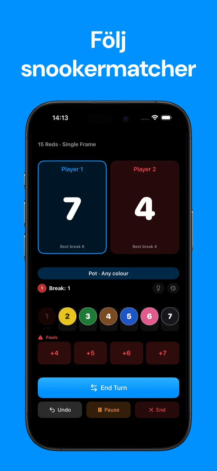 Följ snookermatcher — Snooker Poängräknare på iPhone som visar en live snooker ram med poängkontroller och spelarpoäng