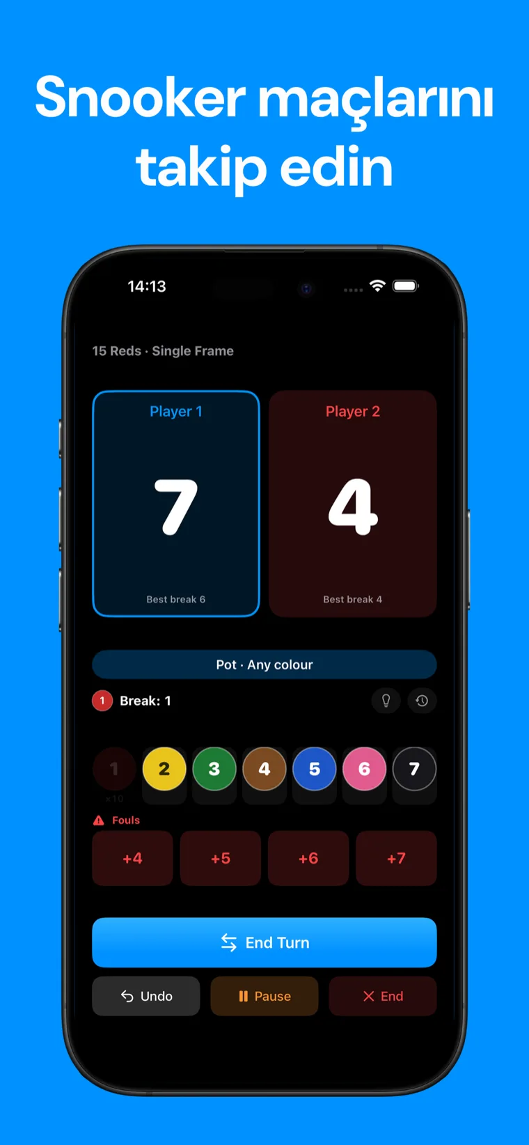 Snooker maçlarını takip edin — iPhone'da canlı bir snooker eli, top skorlama kontrolleri ve oyuncu skorları gösteren Snooker Skorbord.