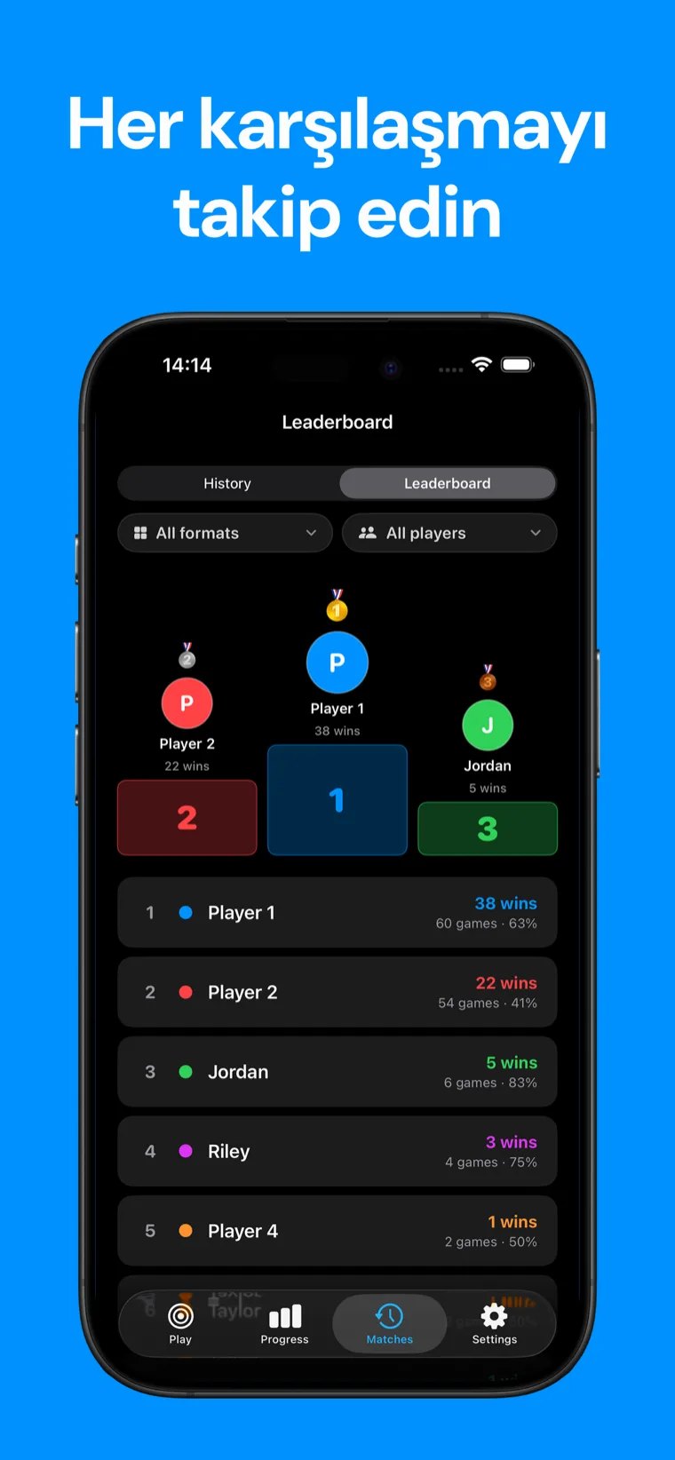 Her karşılaşmayı takip edin — iPhone'da Snooker Skorbord maç geçmişi ve oyuncu istatistikleri ekranı.