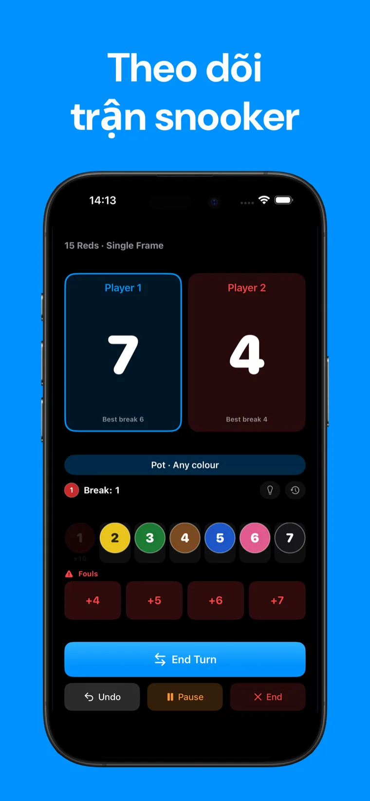 Theo dõi trận snooker — Bảng điểm Snooker trên iPhone hiển thị một ván snooker trực tiếp với các điều khiển ghi điểm bằng bi và điểm của người chơi
